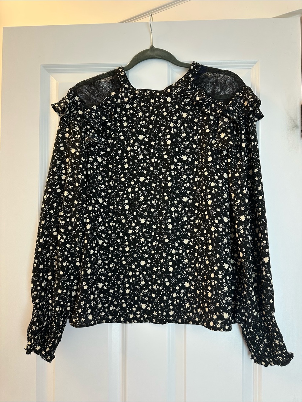 Blue Rain Black Floral Ruffle-Yoke Blouse